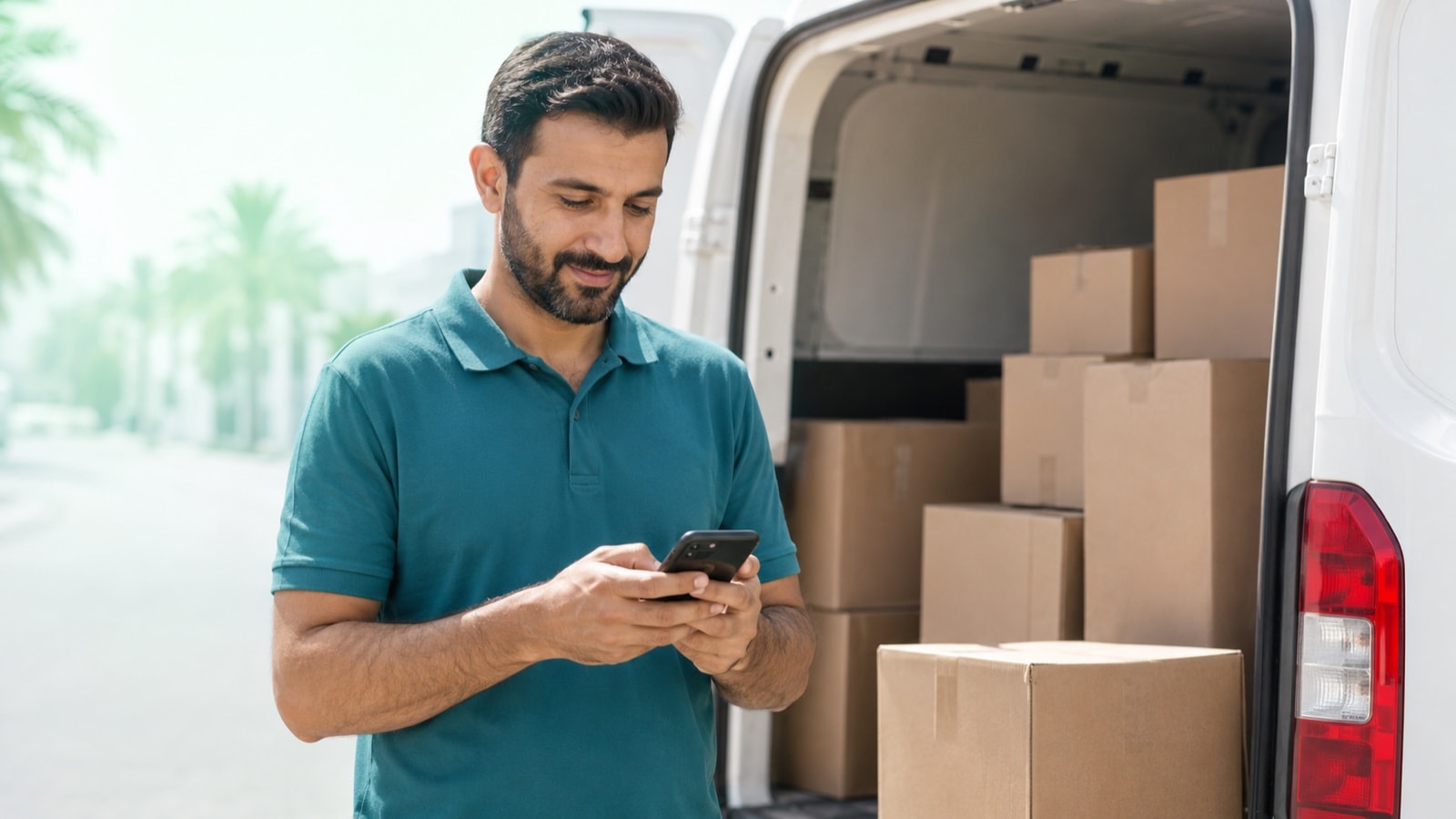 A van sales rep invoicing beside his delivery van